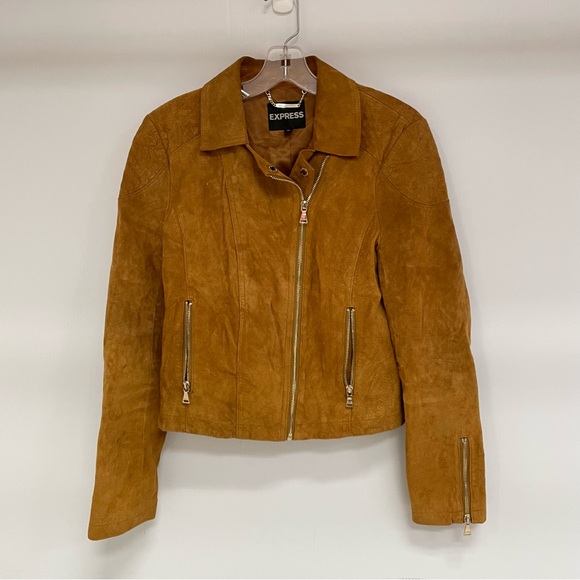 EXPRESS GENUINE LEATHER BROWN SUEDE ZIP UP WESTERN MOTORCYCLE STYLE JACKET - Picture 1 of 8